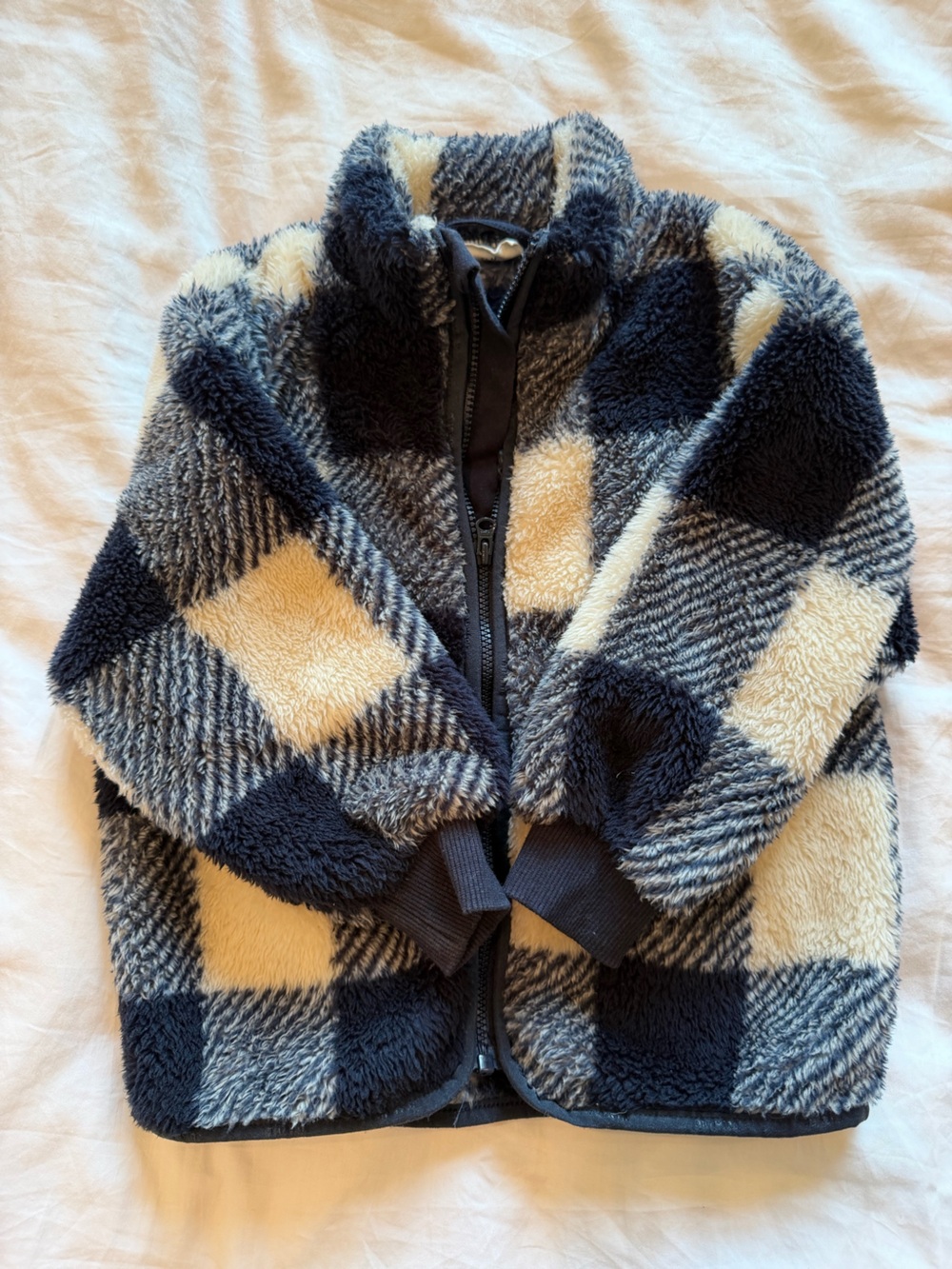 MinyMo Kids Plaid Sherpa Puffer Jacket in Navy & Cream